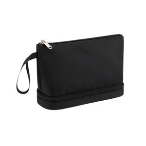 Small Black Makeup Travel Cosmetic Bag for Purse with Double Layer for Brushes